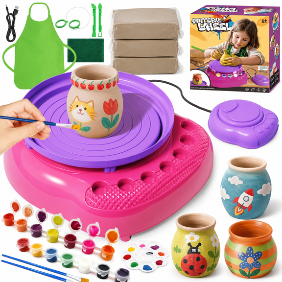 Einailvk Pottery Wheel for Kids Ages 6+ with Terracotta & Clay Sculpting Tools, Complete Pottery Painting Kit, Arts & Crafts Toy for Girls Boys, Birthday & Holiday Gift, Pink