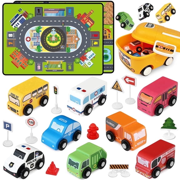 Einailvk Wooden Car Toys for Toddlers, 22 Pcs Montessori Toy Cars with Playmat, Storage Box, Gifts for Birthday Holiday