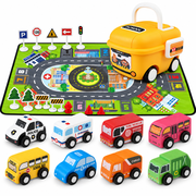Einailvk Wooden Car Toys for Kids with Playmat, Storage Box, 8PCS City Vehicle Playset, 12Pcs Traffic Accessories Gift for Boy 3+