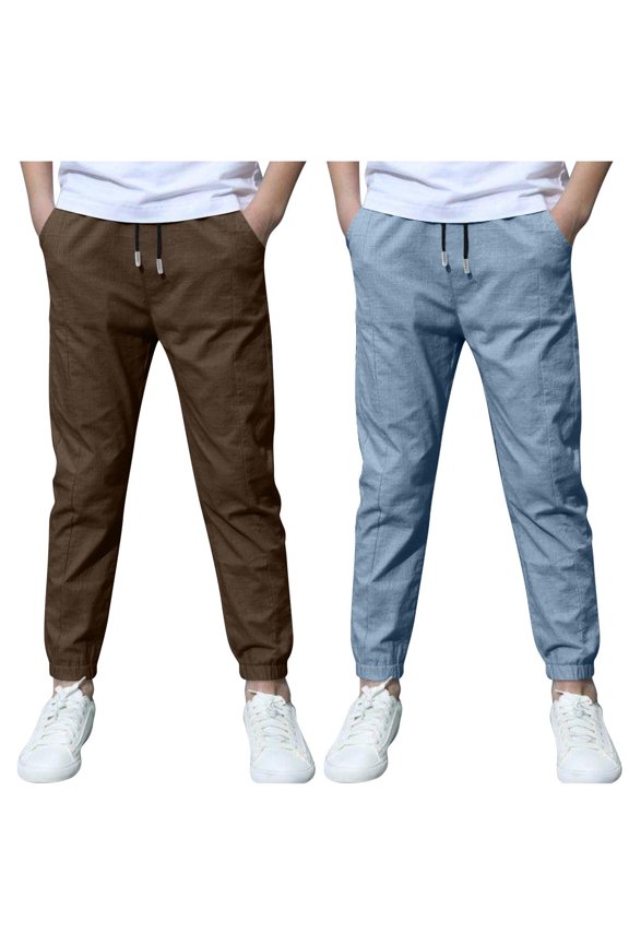 2 Pack Boys Solid Color Cotton Jogger Pants with Elastic Waist Dstring, Casual Sweatpants with Pockets for Kids 3-13 Years