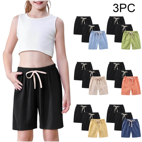 Einccm 3 Pack Kids Casual Linen Shorts, Soft Breathable Summer Pants with Elastic Waist and Playful Dstring, for Toddlers and Children Ages 2-10