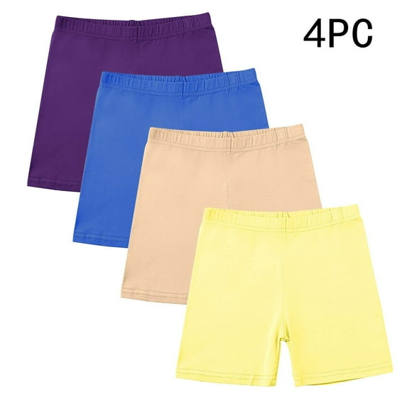 Einccm 4 Pack Girls Yoga Shorts with Elastic Waist Solid Color Bike Shorts for School Sports and Active Play, Comfortable Under Dress Shorts for 5-14 Years