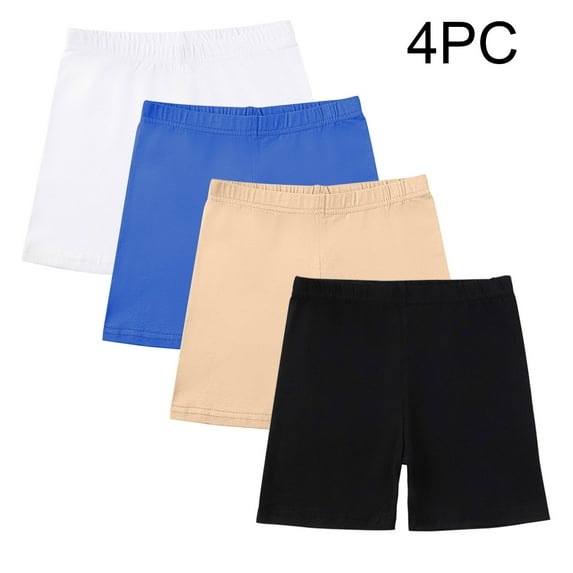 Einccm 4 Pack Girls Yoga Shorts with Elastic Waist Solid Color Bike Shorts for School Sports and Active Play, Comfortable Under Dress Shorts for 5-14 Years