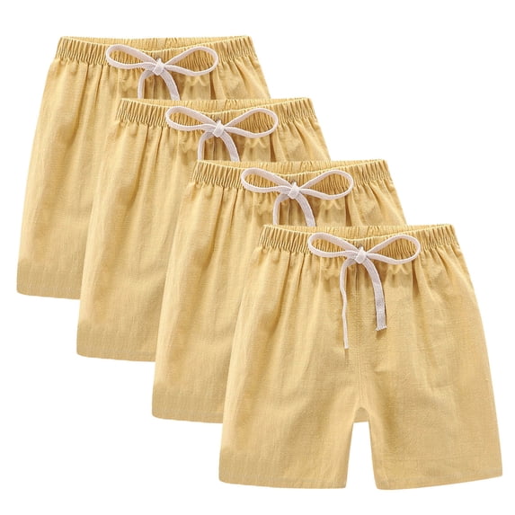 Einccm 4 Pack Kids Boys Girls Cotton Linen Shorts, Comfortable Elastic Dstring Waist Athletic Mid-Thigh Summer Bottoms with Pockets for Toddler Children 2-12 Years