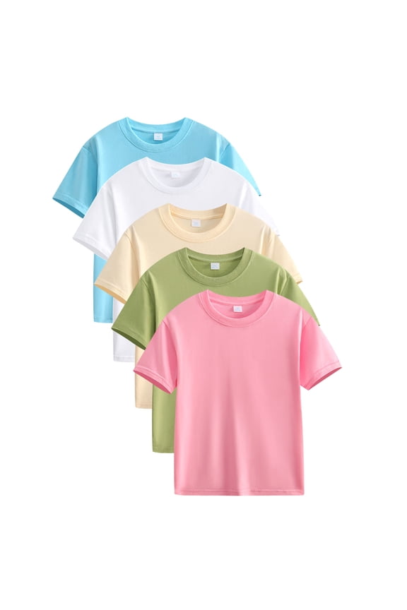 5 Pack Girls Short Sleeve T-Shirts - Soft Cotton Tagless Basic Tees for Kids Ages 2-12 Years, Solid Color Casual Summer Tops with Relaxed Fit for School, Outdoor, Play