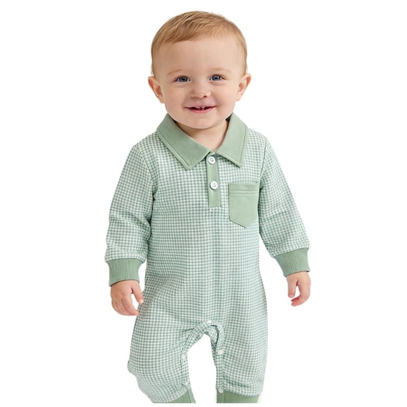 Einccm Baby Girls' Romper - Long Sleeve Collared Jumpsuit, 100% Cotton Lightweight Snap Button Front Onesie, Solid & Plaid Options, Thin Spring Baby Jumpsuit 0-18 Months for Home & Outing