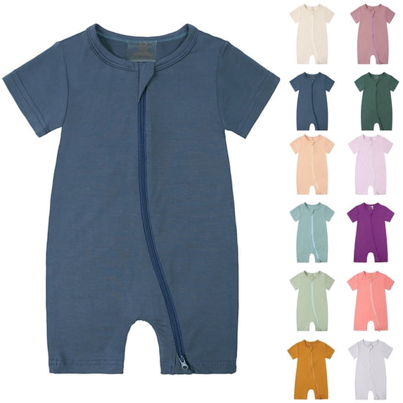 Einccm Baby Romper Short Sleeve Ribbed Knit Jumpsuit, Unisex Infant One-Piece Bodysuit with Easy Diagonal Zipper, Summer Creepers for borns and Toddlers, Solid Color Daily Wear Play Suit