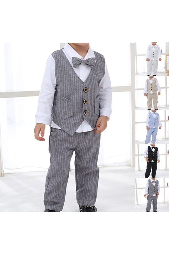 Boys 2 Piece Formal Outfit - Long Sleeve Shirt Vest Bow Tie and Pants Suit for Boys 6 Months-10 Years