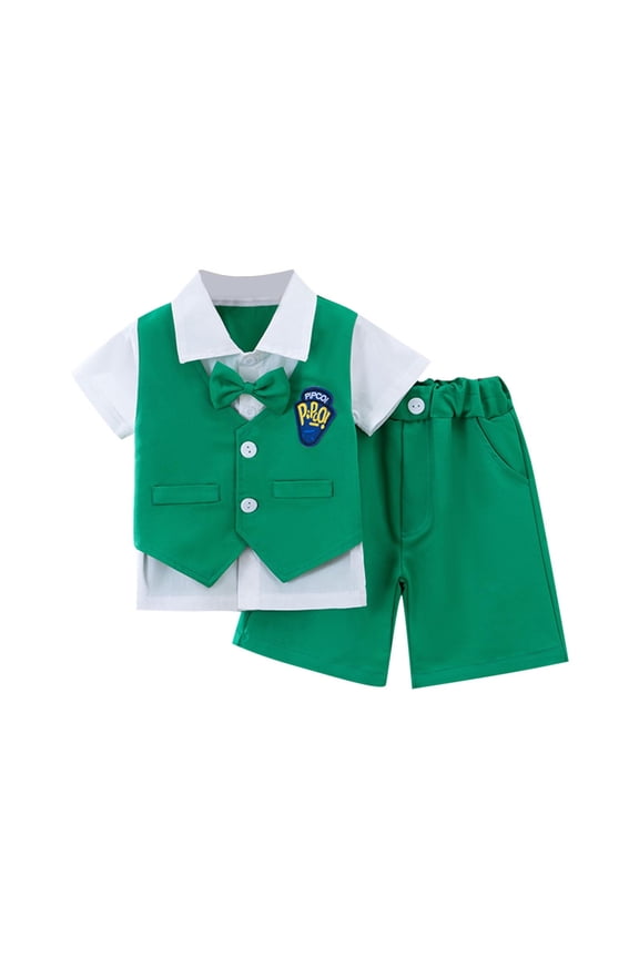 Boys 2 Piece Outfit - Kids Summer College Style Faux Twinset Shirt Vest and Elastic Waistband Shorts Set - for Toddler Boys Daily Wear, Green, 1-6 Years