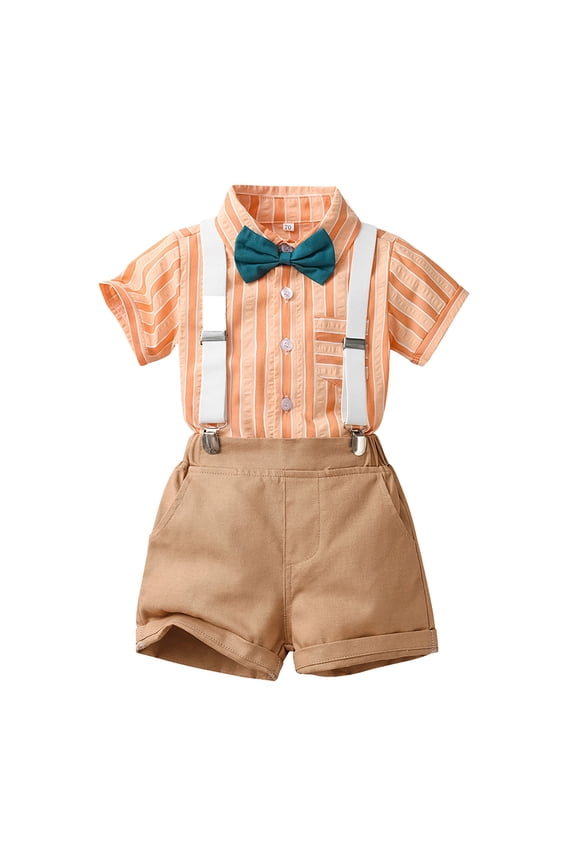 Boys 4 Piece Gentleman Outfit Set, Bow Tie Striped Short Sleeve Shirt with Adjustable Suspender Shorts Cotton Summer Formal Casual Party Suit for Toddler and Kids 12 Months-9 Years