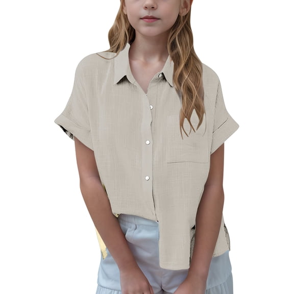 Einccm Boys and Girls Short Sleeve Turn-Down Collar Shirt - Loose Cropped Drop Shoulder High-Low Hem Casual Button-Down Top with Pocket for Kids Aged 3-14
