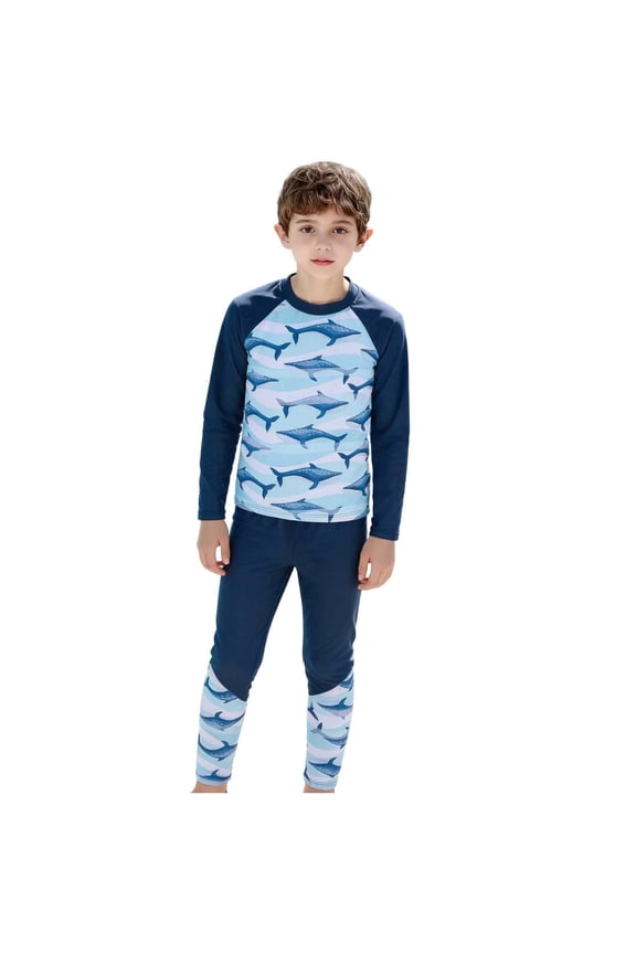 Boys' Long Sleeve Swimwear Set for 3-14 Years, UPF Sun Protection Split-Body Swimsuits with Cartoon Shark Sea Print, Adjustable Drawstring Pants for Swimming Surfing Diving Beach Pool