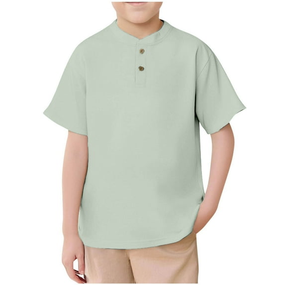 Einccm Boys Solid Color Short Sleeve Henley Shirt, 2-Button Relaxed Fit Breathable Blend Top, Soft Casual Summer Tee for 5-14 Years, Ideal for School, Play and Daily Activities
