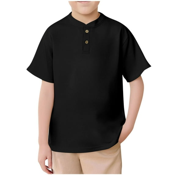 Einccm Boys Solid Color Short Sleeve Henley Shirt, 2-Button Relaxed Fit Breathable Blend Top, Soft Casual Summer Tee for 5-14 Years, Ideal for School, Play and Daily Activities