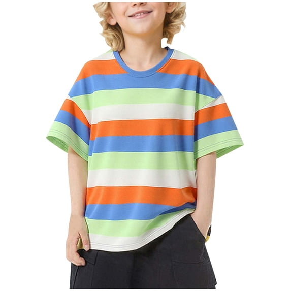 Einccm Boys Striped Short Sleeve T-Shirt - Wide Stripe Colorblock Round Neck Casual Summer Top, Loose Fit Quick Dry Tee for Big Kids Ages 5-13 Outdoor Daily Wear