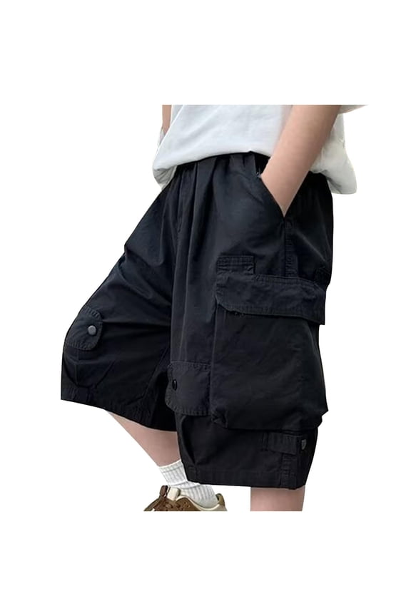 Boys Summer Workwear Shorts, Casual Loose-Fit Five-Point Pants with Elastic Waist and Functional Pockets for Active Children Ages 5-16