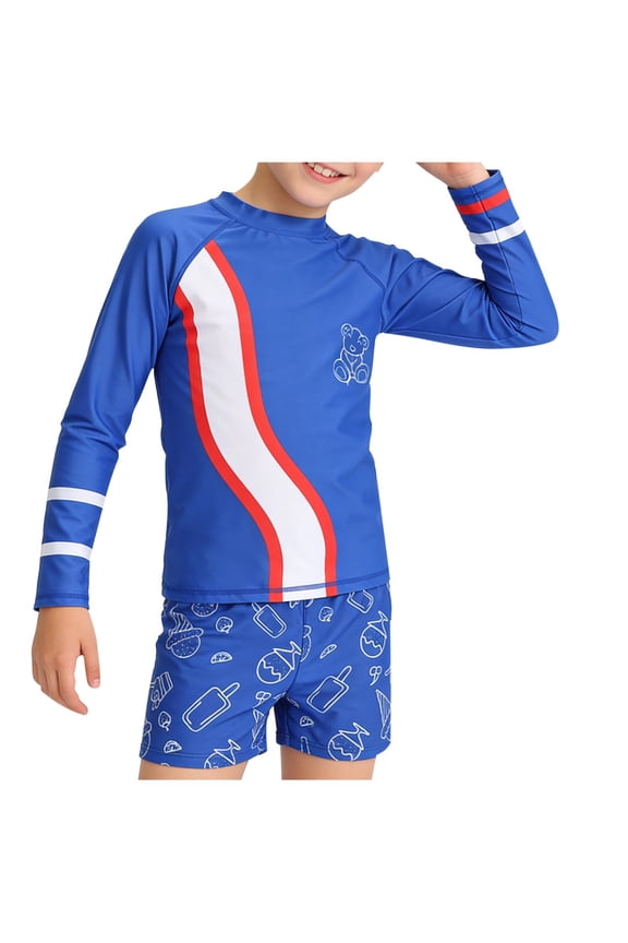 Boys' Swimsuit Set 1-10 Years, 3-Piece Set Including Swim Cap-UPF Sun Protection Long Sleeve Swimwear with Trendy Stripes, Cute Bear Embroidery and Playful Prints