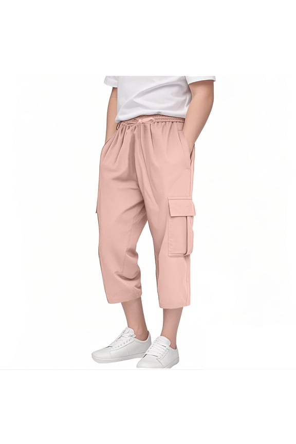 Cargo 3/4 Jogger Pants with Pockets, Kids Cotton Blend Loose Fit Cropped Sweatpants, Athletic Casual Training Trousers, Breathable Outdoor Sports Capris for 3-14 Years