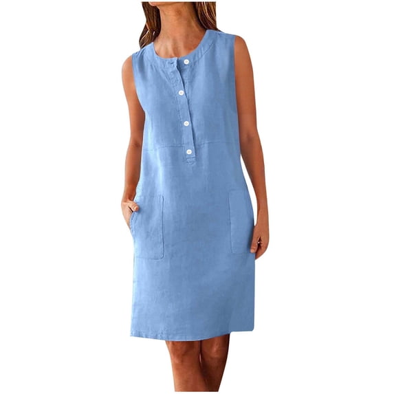 Einccm Casual Dress, Sleeveless Round Neck Button-Front Dress with Pockets, Relaxed Fit Easy-Wear Everyday Summer Spring Casual Work & Vacation Outfit