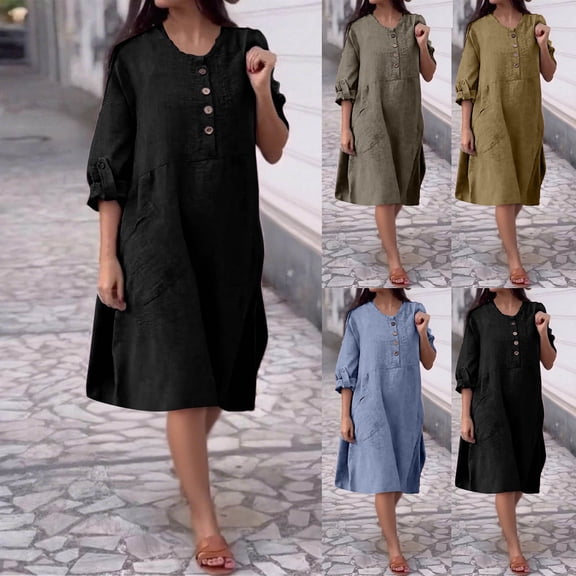 Einccm Casual Loose Long Sleeve Linen Dress for Women with Double Pockets, Round Neck, Comfortable Plus Size Summer Spring Everyday Wear