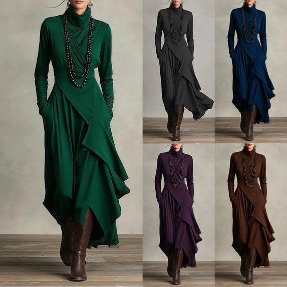 Einccm Casual Midi Dress for Women, Long Sleeve Turtle Neck Polyester Dress, Comfortable Flowy Summer Dress for Parties, Weddings, Vacations, and Daily Wear