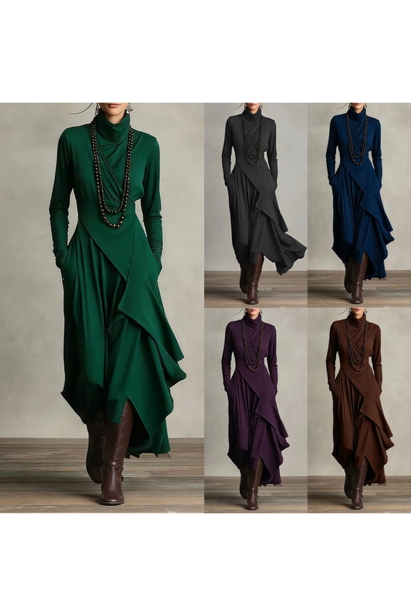 Casual Midi Dress for Women, Long Sleeve Turtle Neck Polyester Dress, Comfortable Flowy Summer Dress for Parties, Weddings, Vacations, and Daily Wear