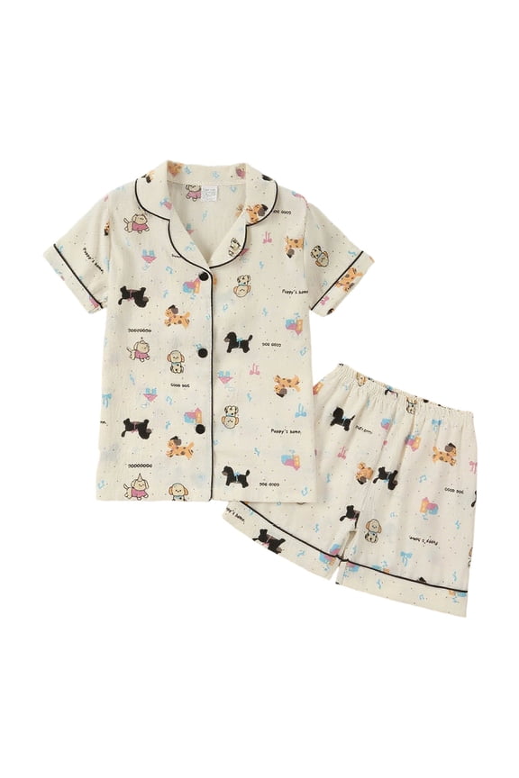 Children's Pajama Set, 2-Piece Cute Puppy and House Design Pajamas with Button-Down Top and Elastic Waist Shorts, Comfortable Home Wear for Boys and Girls Ages 4-9