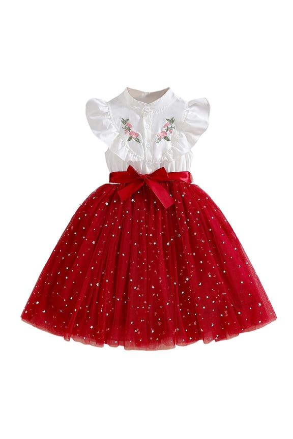 Dress Girls Embroidered Stand Collar Princess Dress with Bubble Flying Sleeves Sequin Patchwork Mesh Skirt and Satin Bow Belt Knee Length Party Holiday Dress for Girls 3-10 Years
