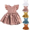 thumbnail image 1 of Einccm Dress for Girls Summer Cotton Linen Bow A-Line Princess Dress, Solid Color Flying Sleeve Pleated Casual Toddler Dress, Cute Party Holiday Dress for Baby Girls 9 Months to 6 Years, 1 of 9