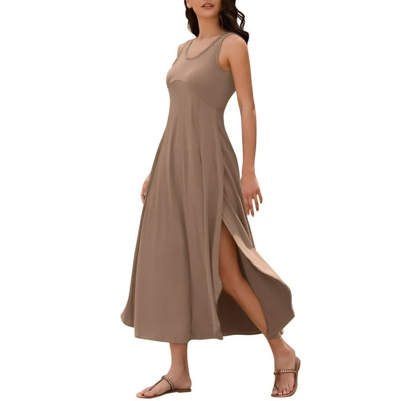 Einccm Dress Women's Casual Summer Sleeveless Crewneck Maxi Dress with Flowy Solid Color Fabric and Irregular Hem for Beach Vacation, Daily Wear and Dates