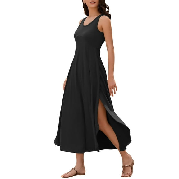 Einccm Dress Women's Casual Summer Sleeveless Crewneck Maxi Dress with Flowy Solid Color Fabric and Irregular Hem for Beach Vacation, Daily Wear and Dates