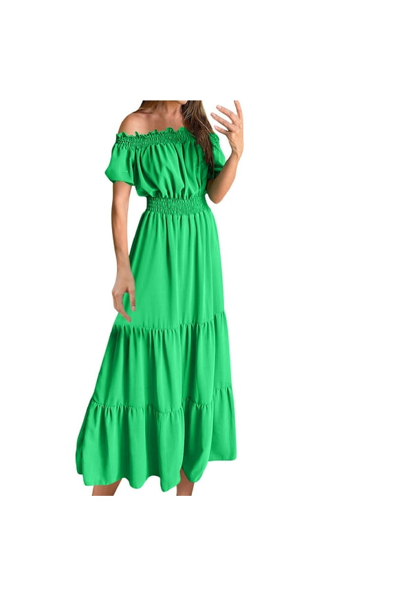 Dresses for Women Elegant One-Shoulder Summer Casual Off Shoulder Short Sleeve Solid Color Midi Dress with Elastic Waist and Flowy Silhouette for Beach Vacation Party and Daily Wear