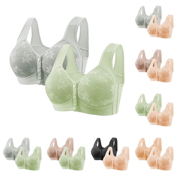 Einccm Embroidered Wireless Front Buckle Bra for Women, Breathable Thin Comfort Bralette, Everyday Wear, Soft Stretch Fabric, 2PC Pack