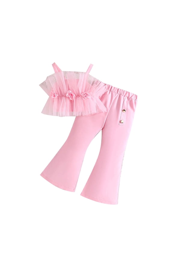 Girls 2 Piece Outfit - Mesh Sleeveless Cami Top and Flared Pants Summer Casual Set for Toddler and Little Girls 1-8 Years