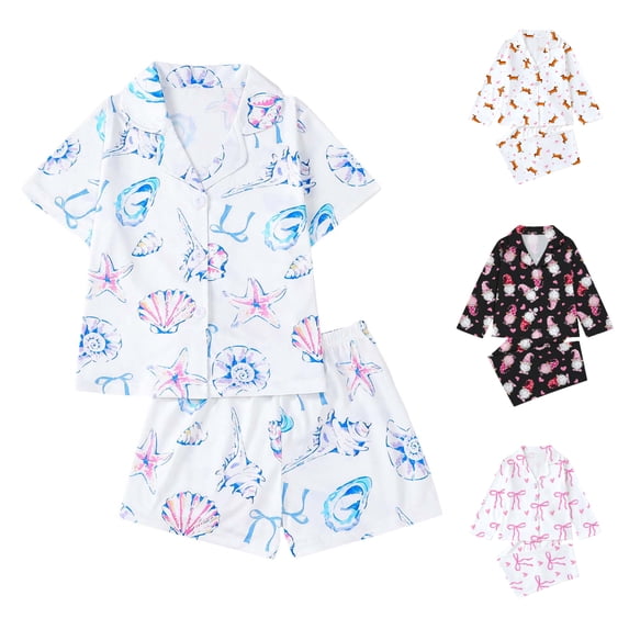 Einccm Girls 2-Piece Pajama Set, Long Sleeve Top and Short Pants with Button-Down Collar and Cute Print, Soft Polyester Comfort Fit for Casual Daily Wear, Ages 4-7 Years