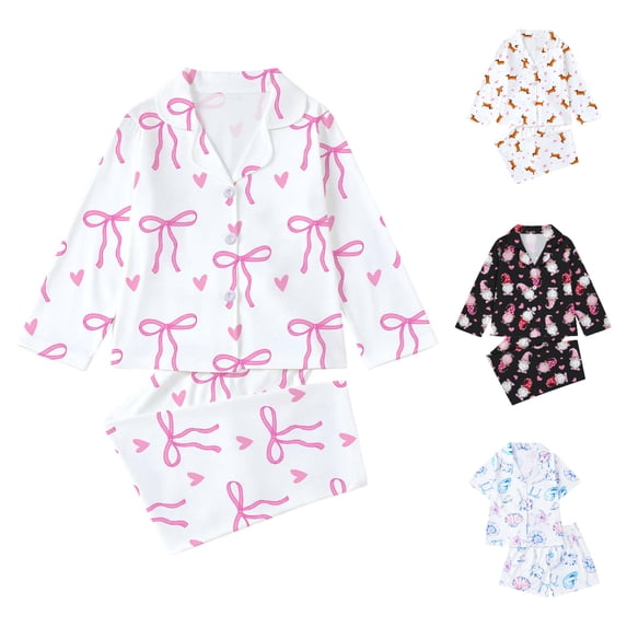 Einccm Girls 2-Piece Pajama Set, Long Sleeve Top and Short Pants with Button-Down Collar and Cute Print, Soft Polyester Comfort Fit for Casual Daily Wear, Ages 4-7 Years