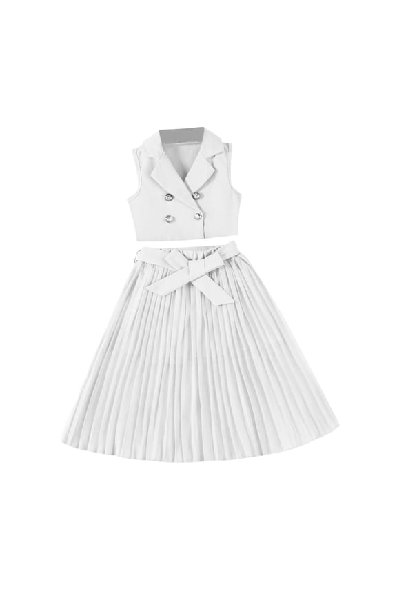 Girls 2-Piece Sleeveless Blazer Top + High-Waist Pleated Skirt Set, Double-Row Metal Buttons, Bow Waistband, Easy Snap Closure, Solid Summer Party Casual, Ages 2-8
