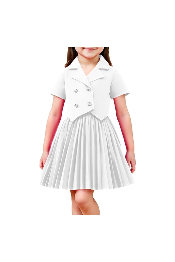 Girls 2 Piece Suit Outfit Short Sleeve Lapel Blazer Top and Pleated Skirt Set Stylish Casual Party Graduation Dress Set Summer Kids Clothing for School Party Casual Wear Ages 2-8 Years