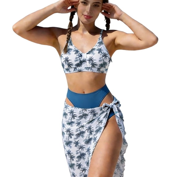 Einccm Girls 3-Piece Swimsuit Set for 13-16 Years, Tropical Palm Print Beach Swimsuit with V-Neck Tank Top, High-Waisted Pants and Apron Skirt, Resort Style Summer Swimwear