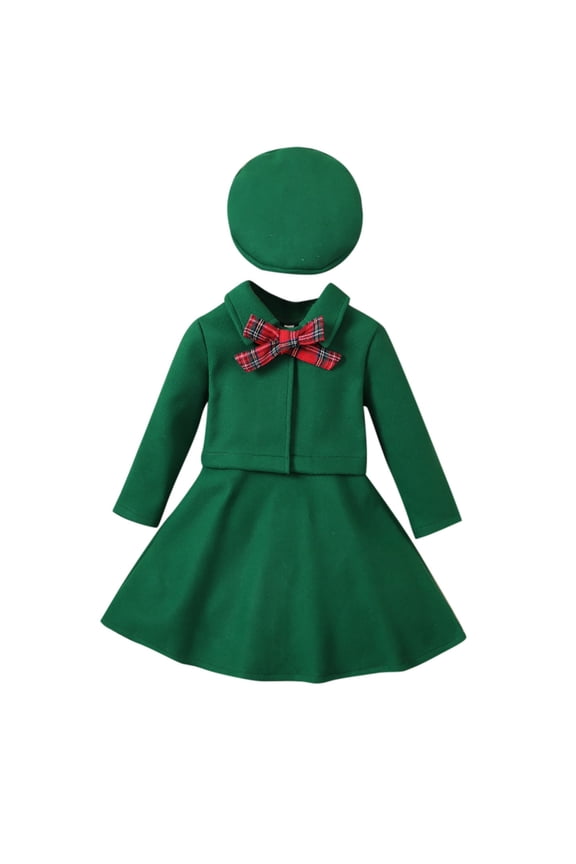 Girls 3 Piece Winter Outfit Set - Woolen Jacket Suspender Dress and Hat Elegant Skirt Set for Kids Ages 3-8 Years