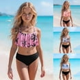 thumbnail image 1 of Einccm Girls Bikini Set 7-15 Years - Two Piece Swimsuit with Ruffle Design High-Waist Tropical Palm Leaf Print for Beach Vacation, Summer Swimming, and Outdoor Fun, 1 of 9