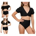 thumbnail image 1 of Einccm Girls Bikini Set Two Piece Swimsuit Ages 2-11, Solid Color High Waisted Shorts with V Neck Crisscross Top, Ruffle Off Shoulder Style, Adjustable Straps, for Beach Pool, 1 of 9