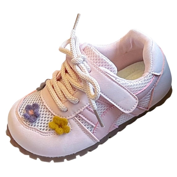 Einccm Girls Breathable Mesh Sports Sneakers Lace-Up Non-Slip Lightweight Casual Athletic Shoes with Floral Embroidery Hollow-Out Design for Spring Summer School Walking Outdoor Play