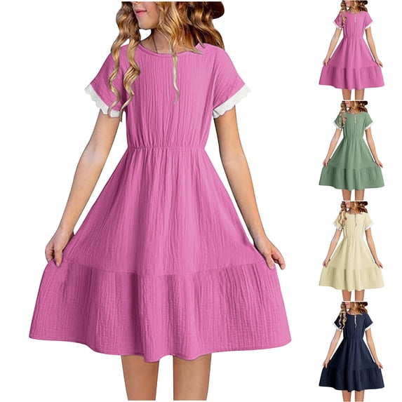 Einccm Girls Cotton Linen Dress, Short Sleeve Round Neck A-Line Casual Summer Sundress with White Lace Trim, Solid Color Flowy Party Knee-Length Skater Dress for Big Kids and Teens Aged 4-14 Years