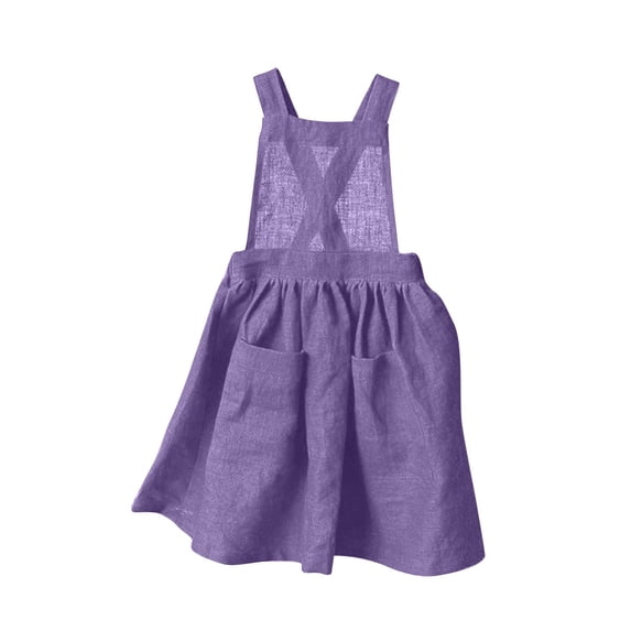Einccm Girls Cotton Linen Pinafore Dress - Retro Sleeveless Round Neck Suspender Skirt with Pockets and Mesh Patchwork - A-Line Casual Sundress for Toddlers and Big Kids Ages 3-12 Years