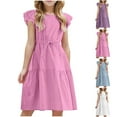 thumbnail image 1 of Einccm Girls Cotton Linen Ruffle Sleeve Dress - Elegant A-Line Princess Party Gown with Adjustable Waist Tie and Round Neck for Kids and Teens, Sizes 4-14 Years, 1 of 9