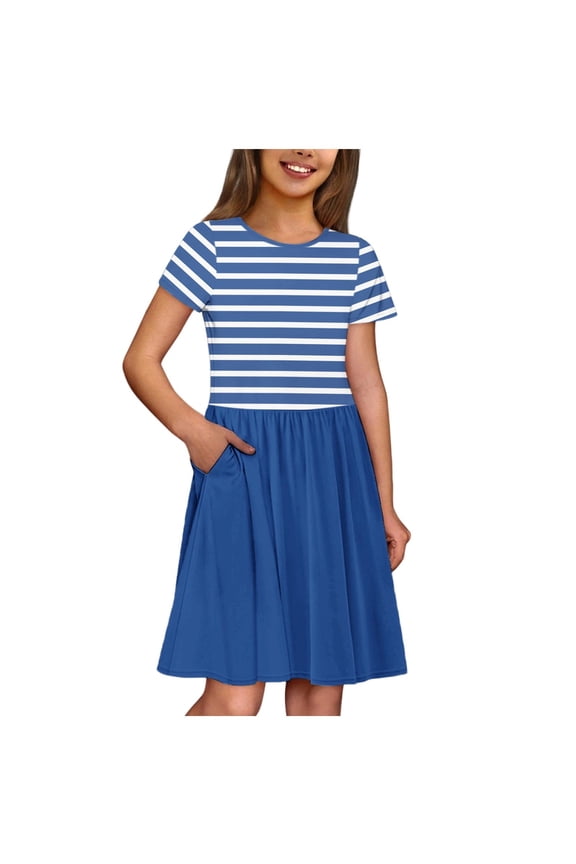 Girls' Cute Stripe Print Short Sleeve A-Line Dress with Pocket - Stretchy Casual Knee-Length Outfit for Kids 3-14 Years