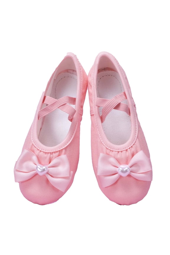 Girls Dance Shoes Bow and Pearl Soft Sole Practice Shoes Elastic Strap Ballet Flats for Party and Performance
