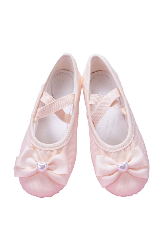 Girls Dance Shoes Bow and Pearl Soft Sole Practice Shoes Elastic Strap Ballet Flats for Party and Performance