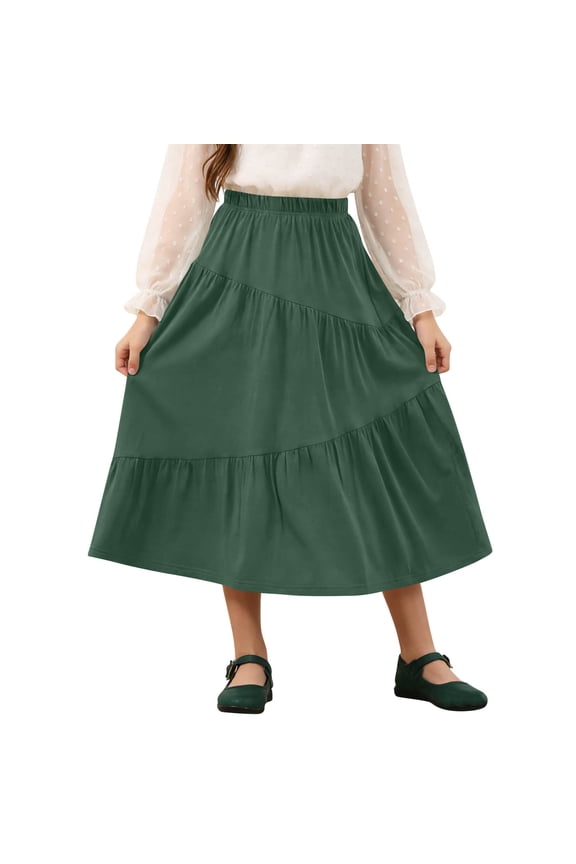 Girls Dress Sweet Tiered Ruffle Maxi Skirt, Solid Color A-Line Flowy Long Dress with Elastic Waist and Pockets Casual Daily Wear for School Travel Party Kids for 4-15 Years